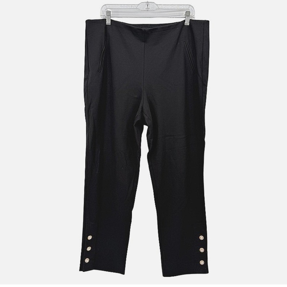Chicos Pull On Ankle Pants Pearl Button Slim‎ Black Ponte Knit Trousers 3/LG